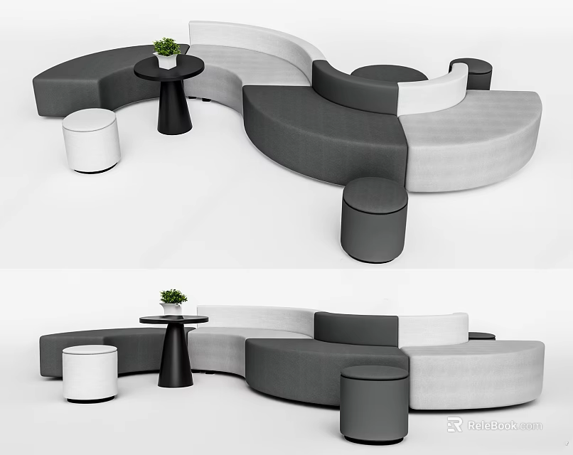 Abstract Curved Sofa Interior Design With Round Table Green Plant And Stools 3d model