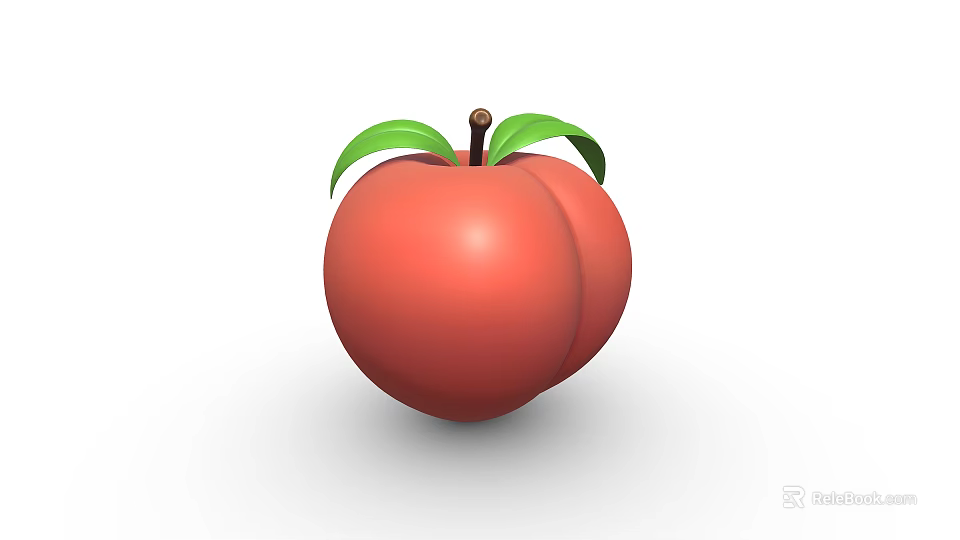 Fresh Ripe Red Peach with Green Leaves and Brown Stem 3d model 