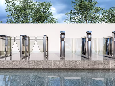 Public Facility Modern Metal Turnstiles At Entrance With Trees And Water Pool 3d model