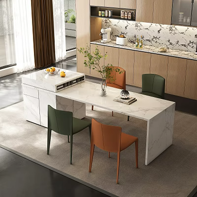 Modern Dining Room Interior With White Marble Table Green Orange Chairs And Wooden Cabinets 3d model