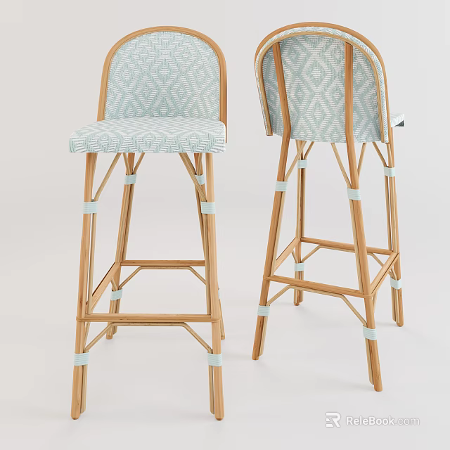 Modern Rattan Bar Stools With Light Blue Patterned Seat And Wooden Frame Design 3d model 