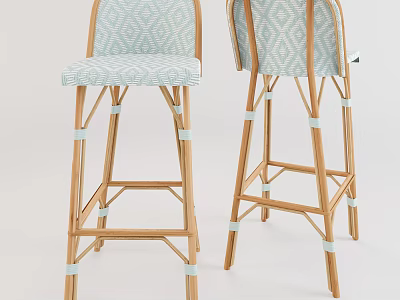 Modern Rattan Bar Stools With Light Blue Patterned Seat And Wooden Frame Design 3d model