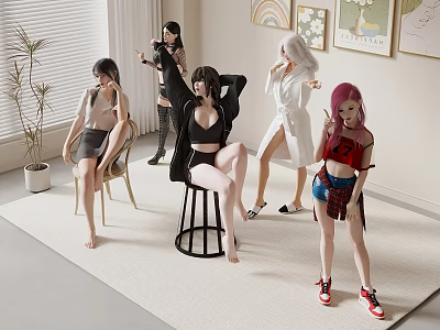 Group of Women Posing in Indoor Room With Carpet Plants and Wall Art 3d model