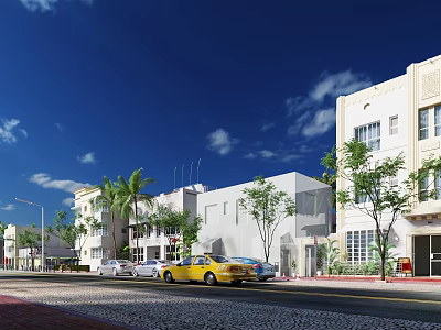 Vibrant Commercial Street With Modern Buildings Yellow Taxi Palm Trees And Blue Sky 3d model