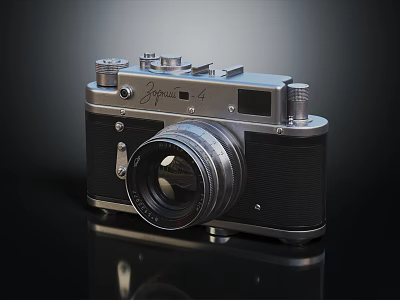 Vintage Zorki 4 Camera With Silver Black Body Lens Knobs Buttons On Black Surface Reflections 3d model