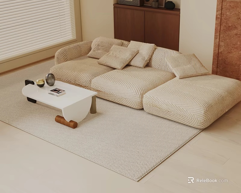 Modern Beige Three Seater Sofa With Soft Cushions Small Coffee Table And Area Rug 3d model 