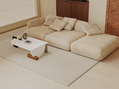 Modern Beige Three Seater Sofa With Soft Cushions Small Coffee Table And Area Rug 3d model