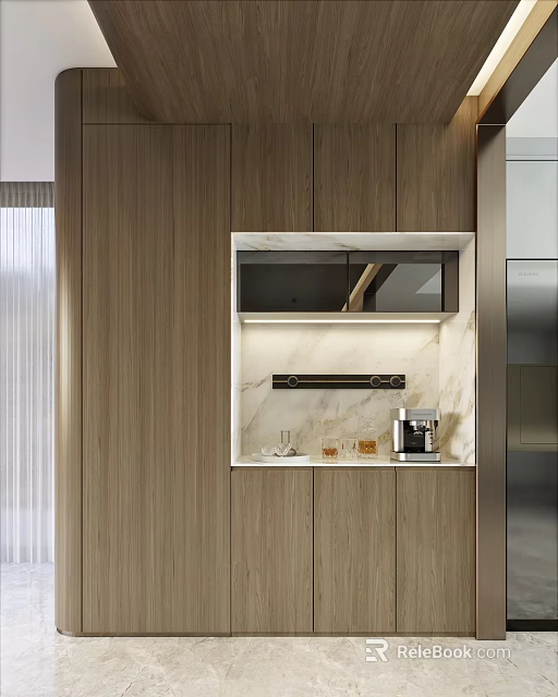Modern Minimalist Sideboard With Wooden Panels Marble Countertop And Coffee Machine 3d model 