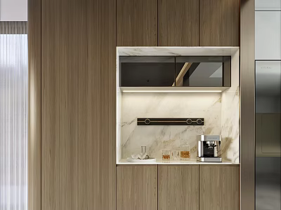 Modern Minimalist Sideboard With Wooden Panels Marble Countertop And Coffee Machine 3d model