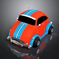 Red And Blue Vintage Car With Stripes Rounded Body And Chrome Details