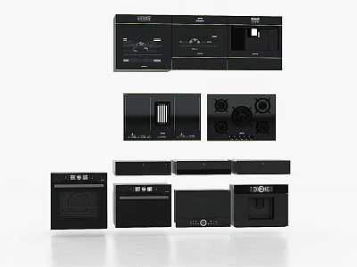 Modern Black Built-in Kitchen Appliances with Stove Oven Hood and Microwave in Minimalist Design 3d model