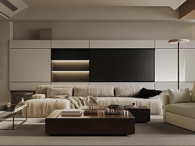 Modern Elegant Living Room Interior With Beige Sofa TV Wall Coffee Table And Floor Lamp 3d model