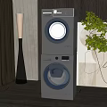 Gray Stackable Washer and Dryer in Modern Home Interior with Plant Floor Lamp Wooden Wall