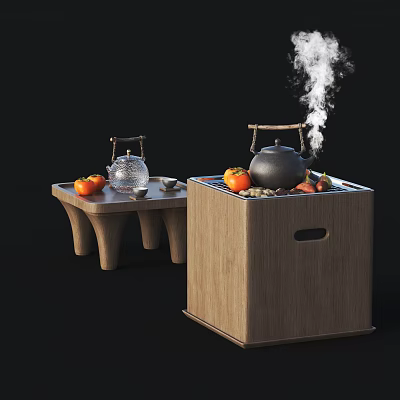 Wooden Tea Tables With Steaming Black Teapot Fruits Transparent Teapot And Tea Cups 3d model