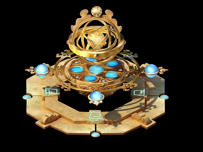 Lush Green Botanical Plants With Golden Ornate Structure And Blue Gemstones 3d model