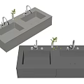 Modern Double Sink Washbasin Design With Faucets And Green Plants In Gray And Dark Gray