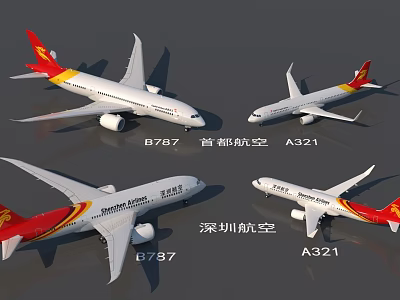 Passenger Airliners From Capital Airlines And Shenzhen Airlines Including B787 And A321 Models 3d model