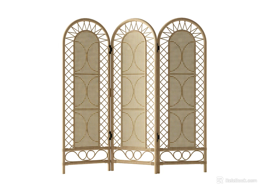 Modern Three Panel Room Divider With Gold Frame And Rattan Design 3d model
