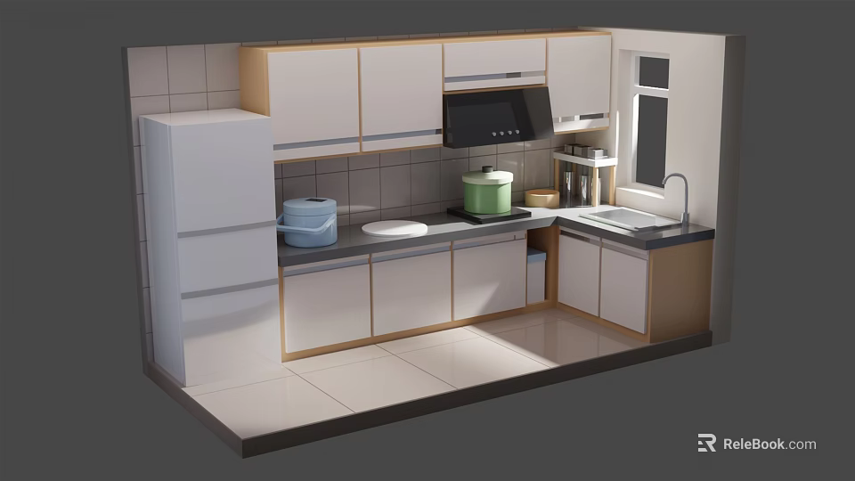 Cartoon Kitchen Scene With White Cabinets Refrigerator Sink Tiled Walls And Kitchenware 3d model 