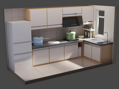 Cartoon Kitchen Scene With White Cabinets Refrigerator Sink Tiled Walls And Kitchenware 3d model