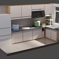 Cartoon Kitchen Scene With White Cabinets Refrigerator Sink Tiled Walls And Kitchenware