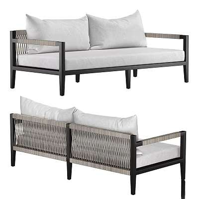 Modern Sectional Sofa With Black Wooden Frame Wicker Armrests And White Cushions Design 3d model