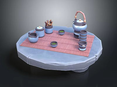 Ceramic Tea Set With Teapot Cups And Jars On Striped Mat Over Round Table 3d model
