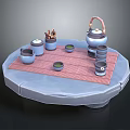 Ceramic Tea Set With Teapot Cups And Jars On Striped Mat Over Round Table