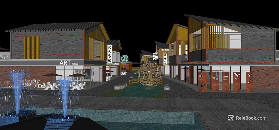 Traditional Chinese Style Commercial Street With ART Shops Waterwheel And Fountain 3d model 