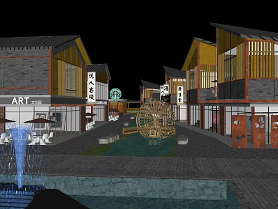 Traditional Chinese Style Commercial Street With ART Shops Waterwheel And Fountain 3d model