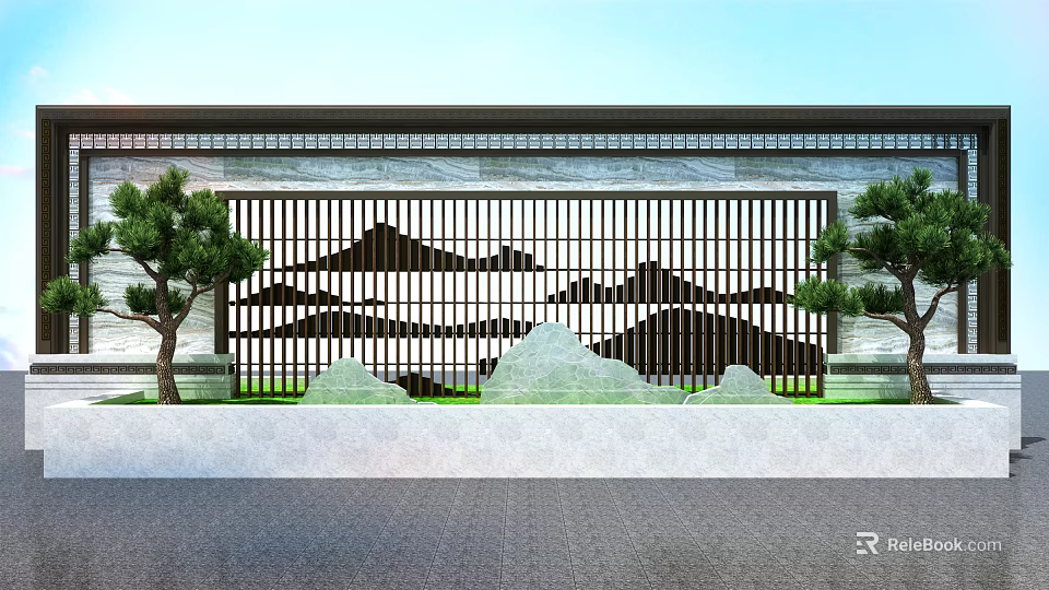 Modern Garden Ornament with Lattice Screen Mountain Pattern Trees Green Plants and Paved Ground 3d model 