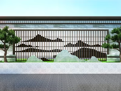Modern Garden Ornament with Lattice Screen Mountain Pattern Trees Green Plants and Paved Ground 3d model