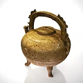 Ancient Bronze Tea Vessel With Decorative Handle Three Legs And Carved Patterns 3d model