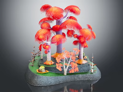 Colorful Cartoon Scene With Red Umbrella Shaped Trees Purple Trunks And Green Grass 3d model