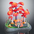 Colorful Cartoon Scene With Red Umbrella Shaped Trees Purple Trunks And Green Grass