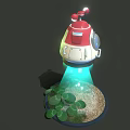 Red And White Small Airplane With Circular Window Blue Light And Green Plants On Ground