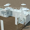 Modern Container Building Structure with Wooden Platform and White Flagpoles in Sandy Area