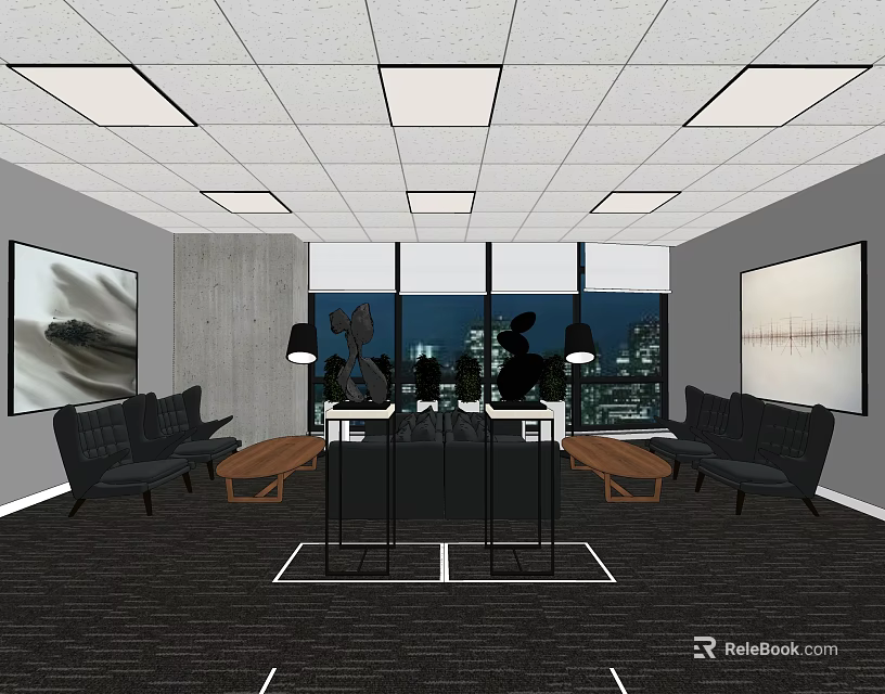 Hotel Public Lounge With Comfortable Sofas Wooden Coffee Tables City Night View And Wall Paintings 3d model 