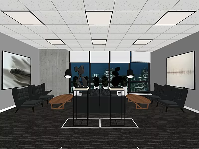 Hotel Public Lounge With Comfortable Sofas Wooden Coffee Tables City Night View And Wall Paintings 3d model