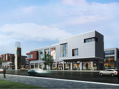 Modern Commercial Street With Contemporary Buildings Storefronts Glass Facades And Pedestrians 3d model