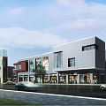 Modern Commercial Street With Contemporary Buildings Storefronts Glass Facades And Pedestrians