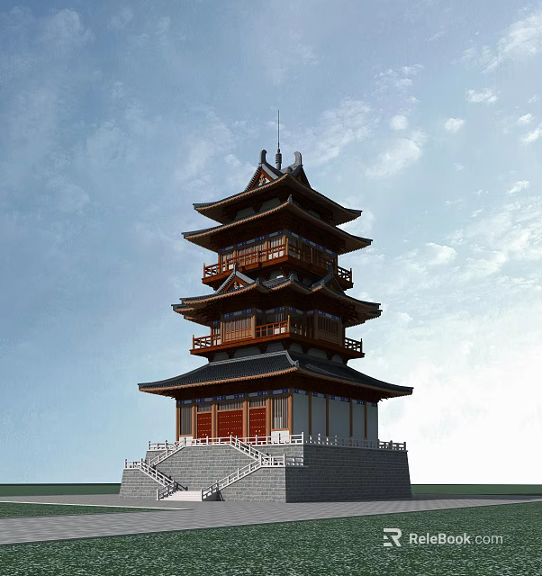 Ancient Architecture Traditional Chinese Pagoda With Multi story Wooden Balconies And Curved Eaves 3d model 