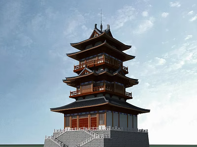 Ancient Architecture Traditional Chinese Pagoda With Multi story Wooden Balconies And Curved Eaves 3d model