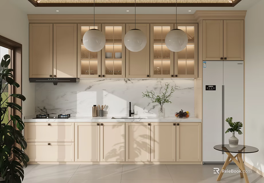 Modern Kitchen Interior Design With Beige Cabinets Marble Countertop Pendant Lights And Green Plants 3d model 