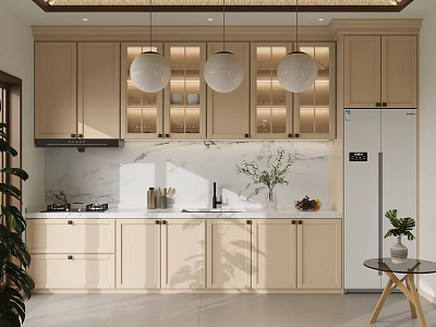 Modern Kitchen Interior Design With Beige Cabinets Marble Countertop Pendant Lights And Green Plants 3d model
