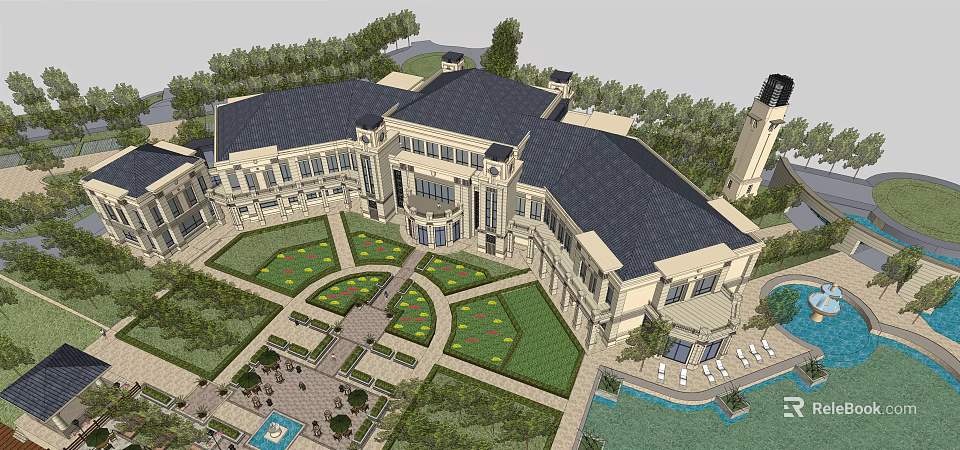 Classical Sales Office Building With Symmetrical Roof Landscaped Garden And Lawn 3d model 