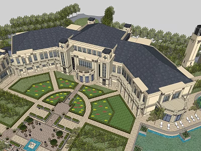 Classical Sales Office Building With Symmetrical Roof Landscaped Garden And Lawn 3d model