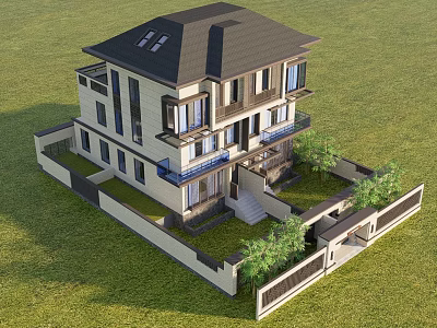 Modern Duplex Villa Featuring Black Roof Beige Walls Balconies Green Plants And Lawn 3d model