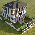 Modern Duplex Villa Featuring Black Roof Beige Walls Balconies Green Plants And Lawn