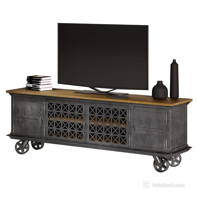 Industrial Style Gray Metal Dresser With Wooden Top TV Lattice Doors And Wheels 3d model 